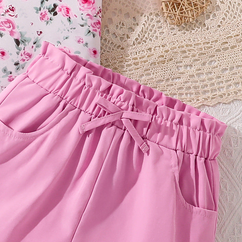 Girls Printed Round Neck Top With Shorts