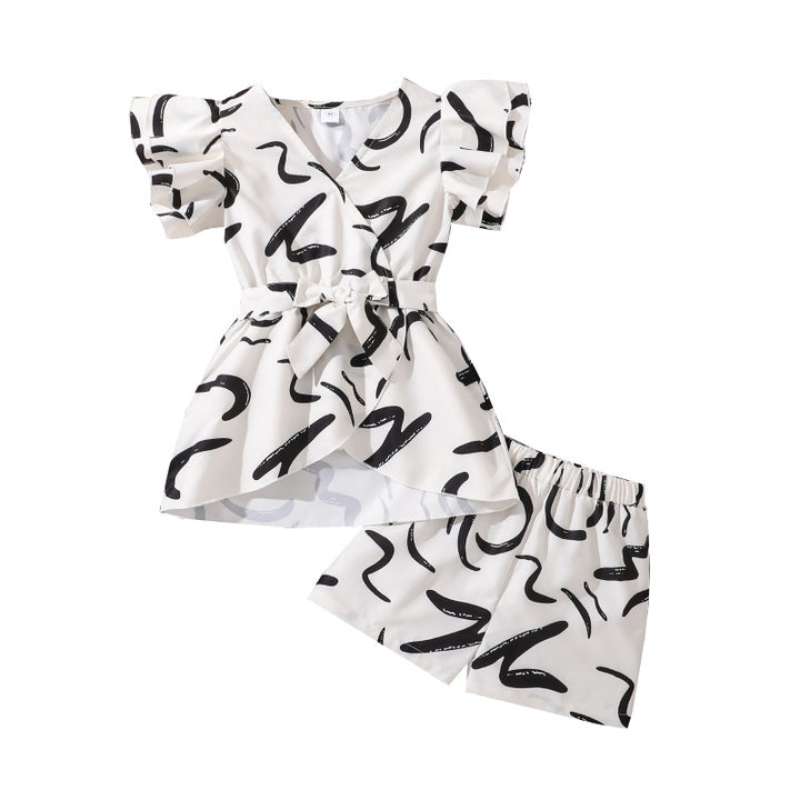 Girls Printed V-Neck Top with Shorts
