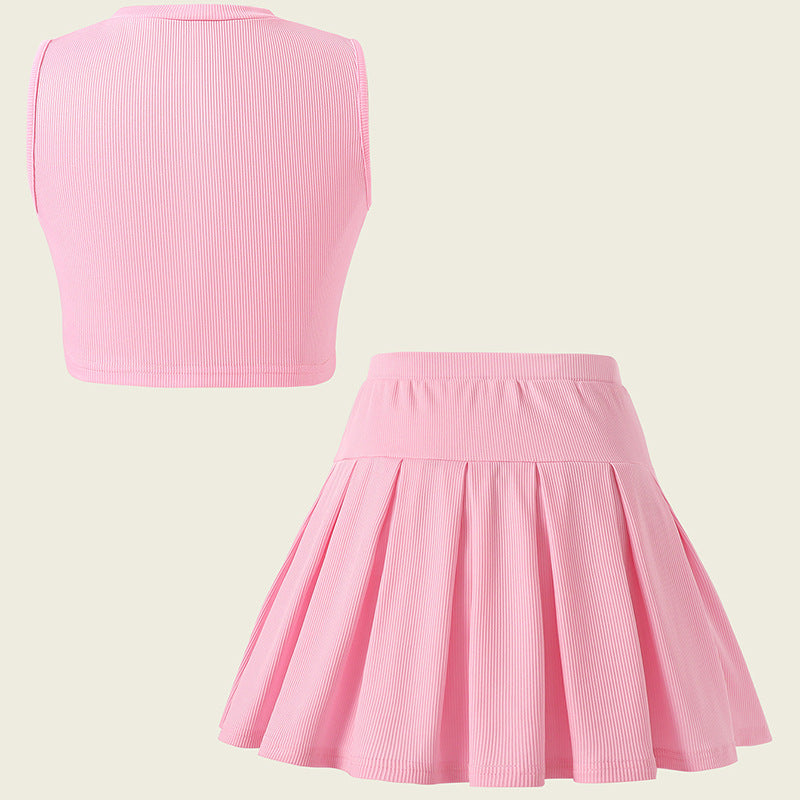 Girls Textured Sleeveless Top with Skirt