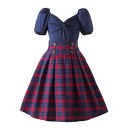 Kids-Girls Colourblocked Checked Puff Sleeve Midi Dress