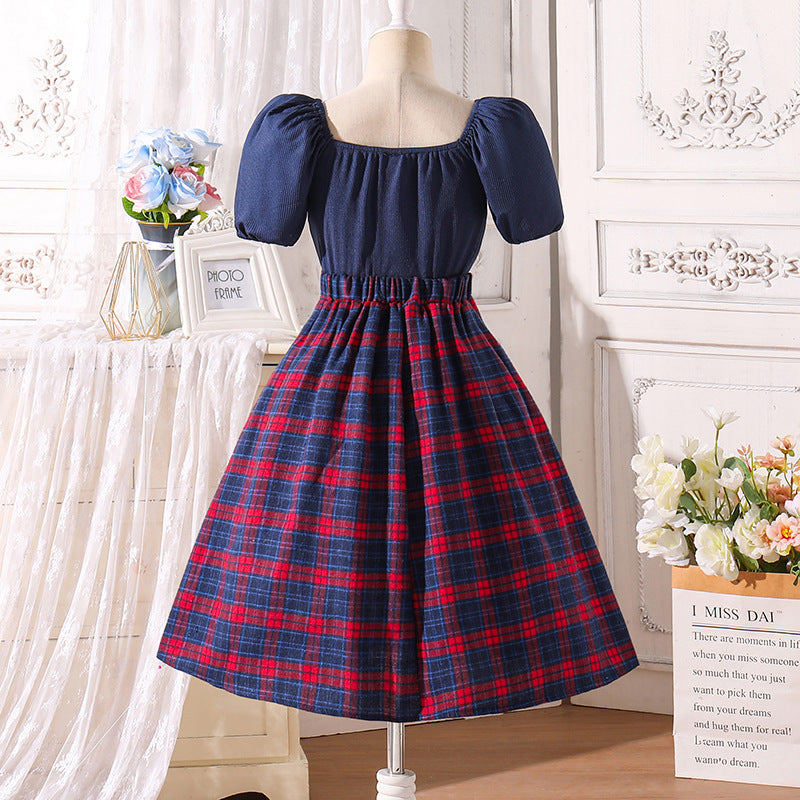 Kids-Girls Colourblocked Checked Puff Sleeve Midi Dress
