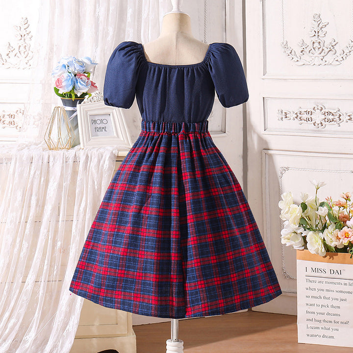 Kids-Girls Colourblocked Checked Puff Sleeve Midi Dress