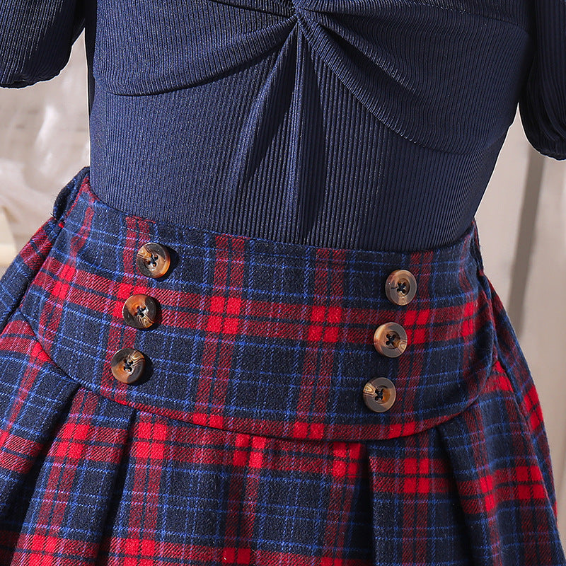 Kids-Girls Colourblocked Checked Puff Sleeve Midi Dress