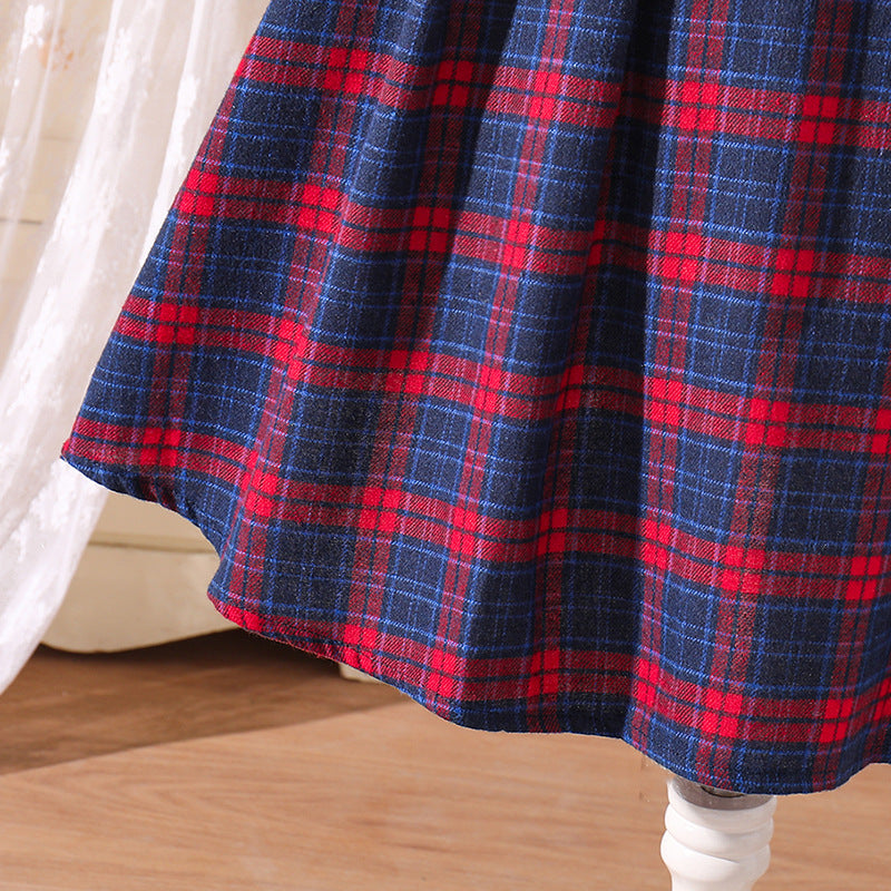Kids-Girls Colourblocked Checked Puff Sleeve Midi Dress