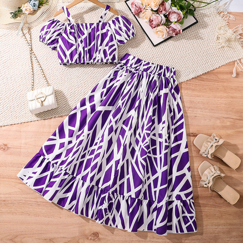 Girls Printed Shoulder Straps Crop Top with Skirt