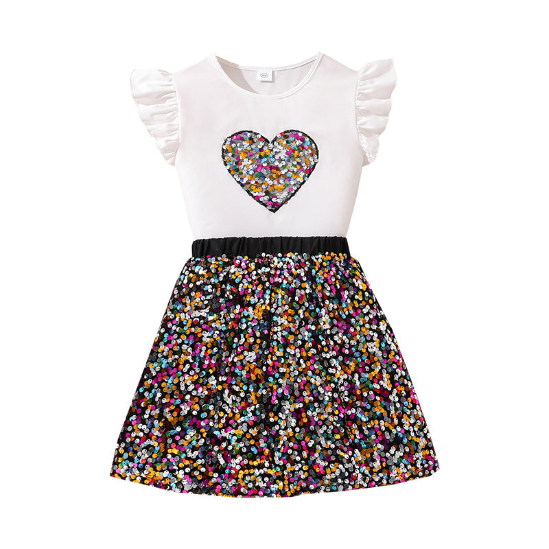 Girls Sequinnce Embellished Round Neck T-shirt With Skirt