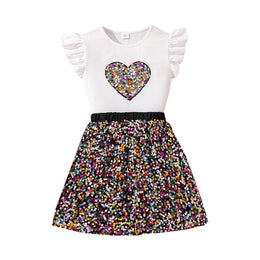 Girls Sequinnce Embellished Round Neck T-shirt With Skirt