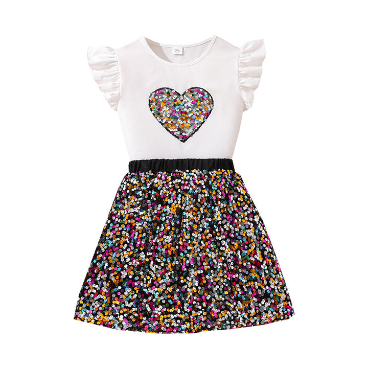 Girls Sequinnce Embellished Round Neck T-shirt With Skirt