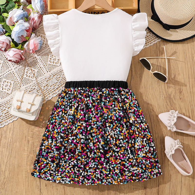 Girls Sequinnce Embellished Round Neck T-shirt With Skirt