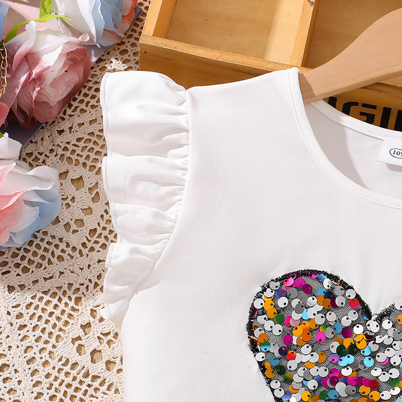 Girls Sequinnce Embellished Round Neck T-shirt With Skirt