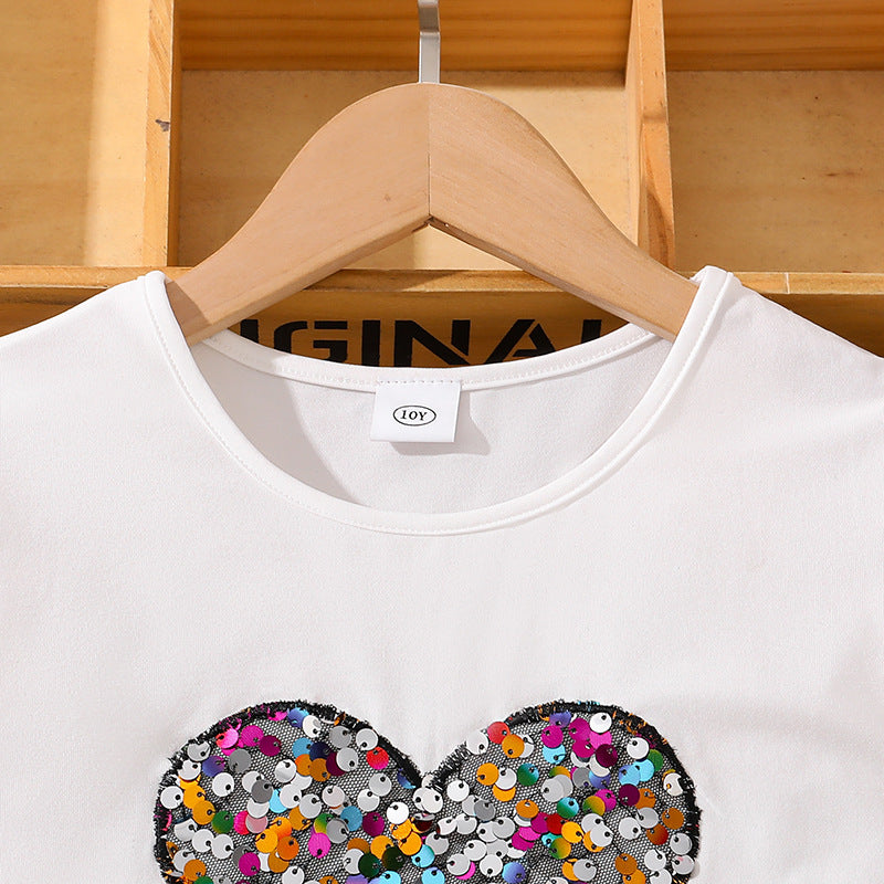 Girls Sequinnce Embellished Round Neck T-shirt With Skirt