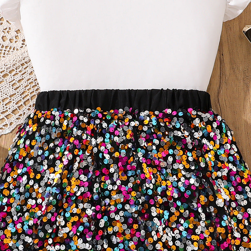 Girls Sequinnce Embellished Round Neck T-shirt With Skirt