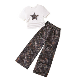 Girls Printed Round Neck Short Sleeves T-shirt With Trousers
