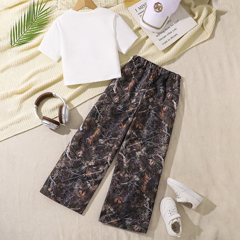 Girls Printed Round Neck Short Sleeves T-shirt With Trousers