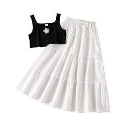Girls Self Design Square Neck Crop Top With Skirt