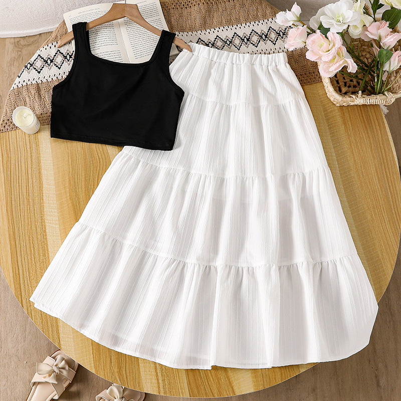 Girls Self Design Square Neck Crop Top With Skirt