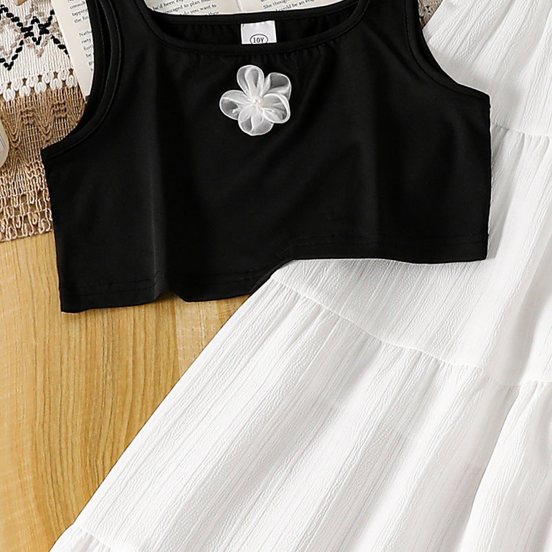 Girls Self Design Square Neck Crop Top With Skirt