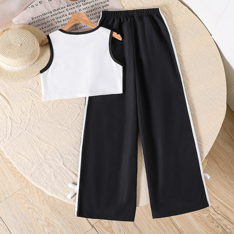 Girls Printed Sleeveless Crop T-shirt with Trousers