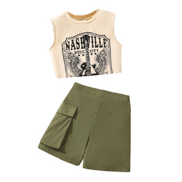 Girls Graphic Printed Round Neck Sleeveless T-shirt With Shorts