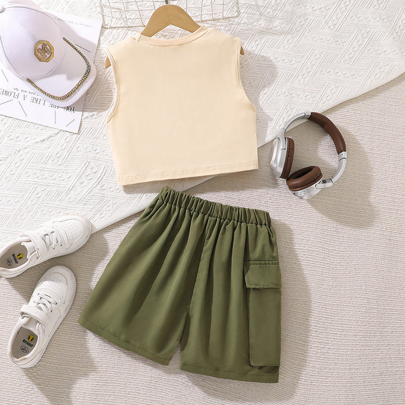 Girls Graphic Printed Round Neck Sleeveless T-shirt With Shorts