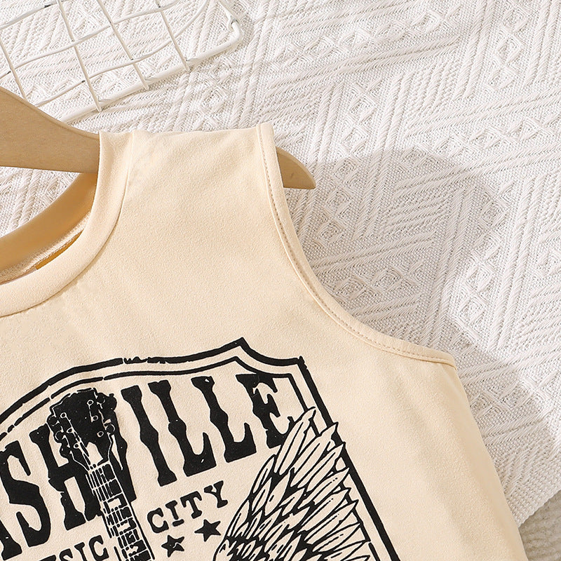 Girls Graphic Printed Round Neck Sleeveless T-shirt With Shorts
