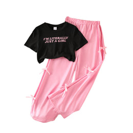 Girls Printed Round Neck T-shirt With Pyjamas