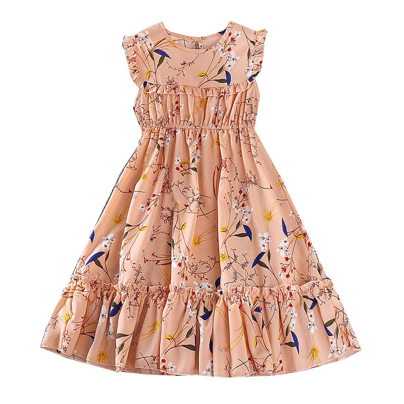 Pink Girls Floral Print Layered Maxi Dress