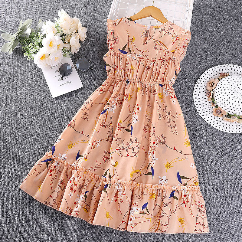 Pink Girls Floral Print Layered Maxi Dress