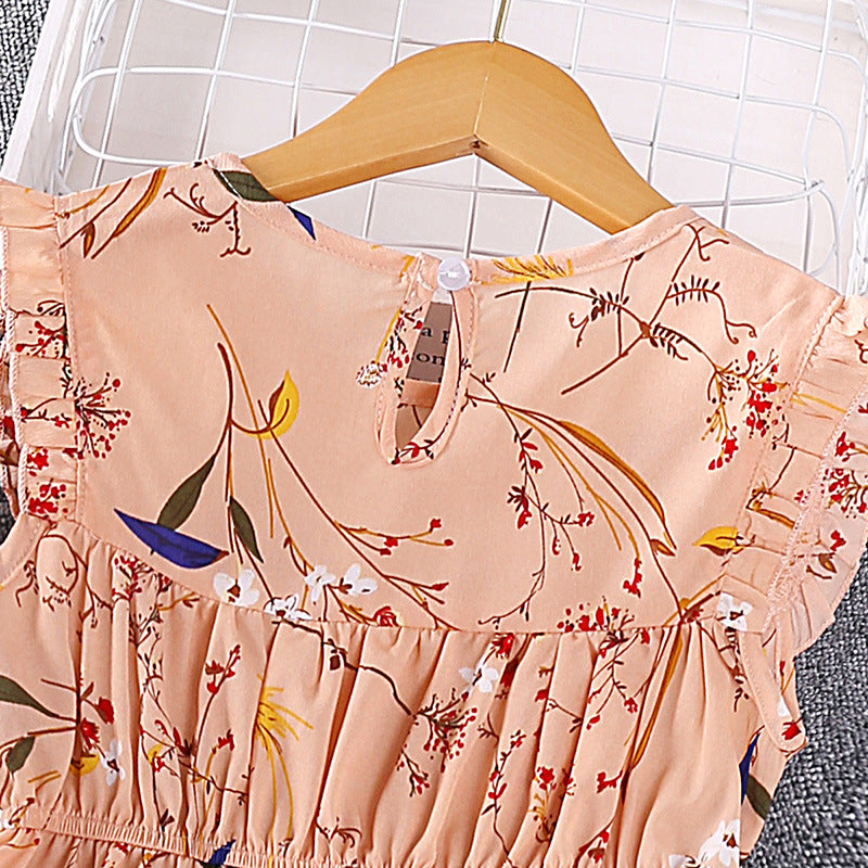 Pink Girls Floral Print Layered Maxi Dress
