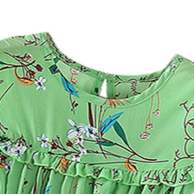 Green Girls Floral Printed Ruffles & Tiered Detail Fit and Flare Midi Dress