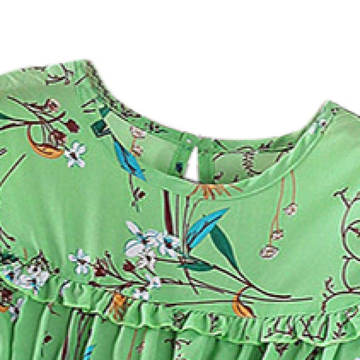 Green Girls Floral Printed Ruffles & Tiered Detail Fit and Flare Midi Dress