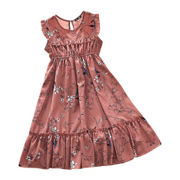 Girls Pink Floral Printed Layered A-Line Midi Dress