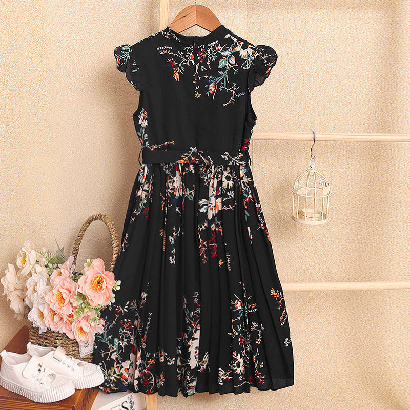 Girls Black Floral Printed A-Line Maxi Dress