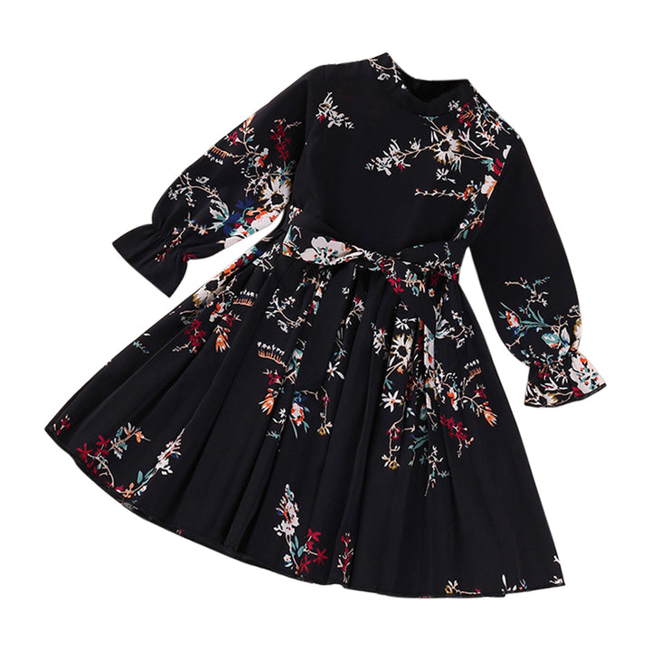 Black Girls Floral Print Bell Sleeve Fit & Flare Dress