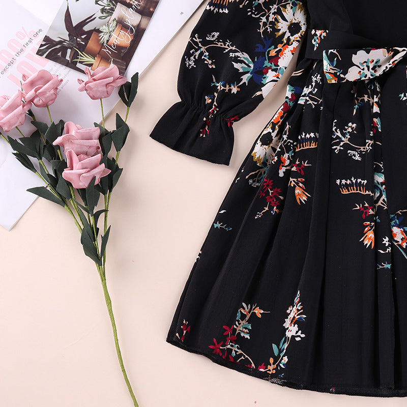 Black Girls Floral Print Bell Sleeve Fit & Flare Dress