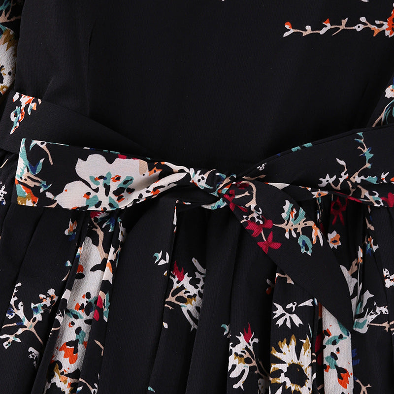 Black Girls Floral Print Bell Sleeve Fit & Flare Dress