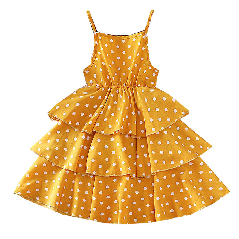 Girls Yellow Polka Dot Printed Layered A-Line Midi Dress