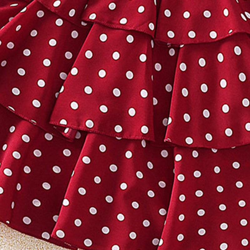 Girls Red & White Polka Dots Printed Shoulder Straps Layered Fit & flare Dress