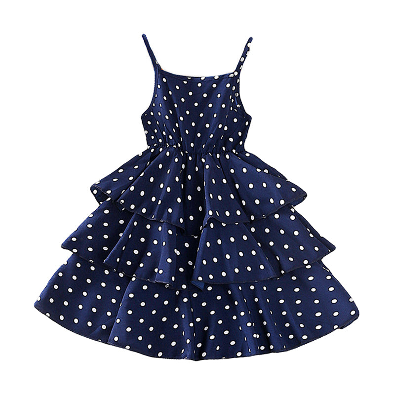 Girls Navy Blue Polka Dot Printed Layered A-Line Midi Dress