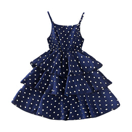 Girls Navy Blue Polka Dot Printed Layered A-Line Midi Dress