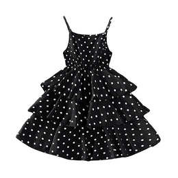 Girls Black Polka Dot Printed Layered A-Line Midi Dress