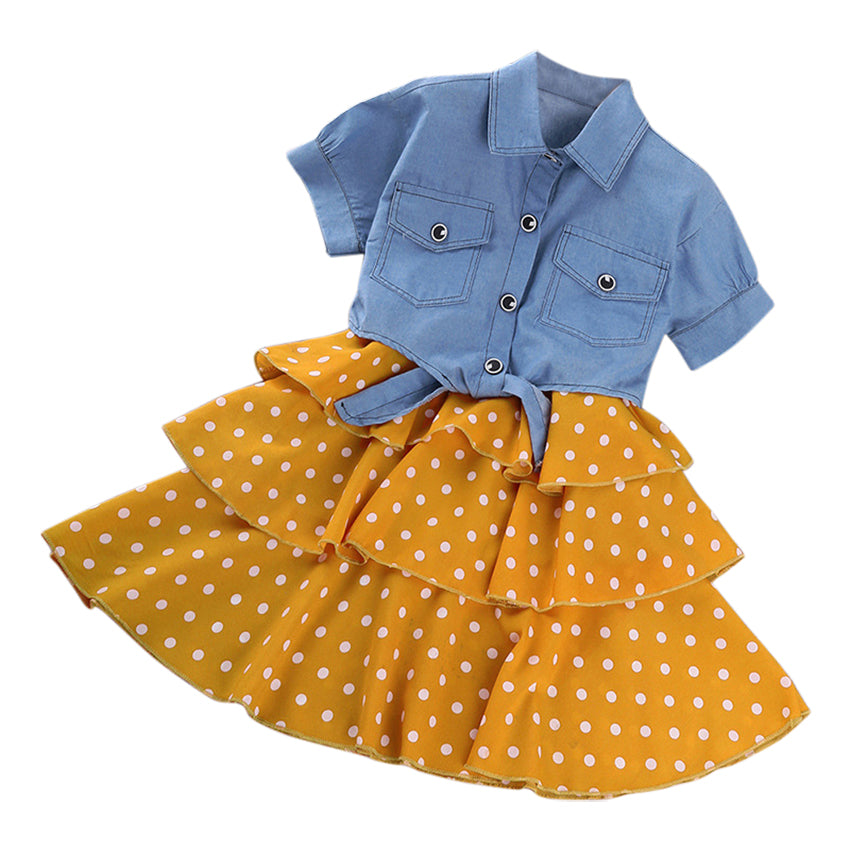 Girls Yellow & Blue Polka Dot Printed Dress With Shirt