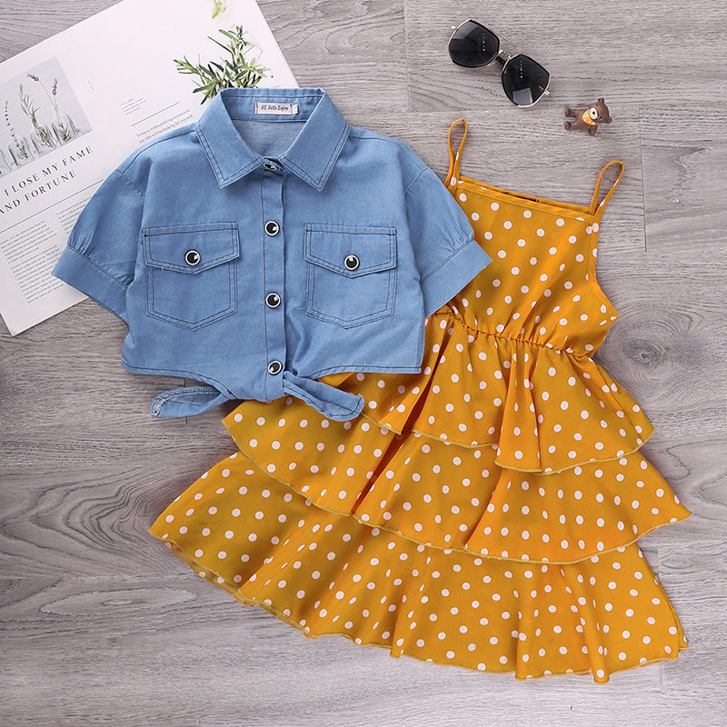 Girls Yellow & Blue Polka Dot Printed Dress With Shirt