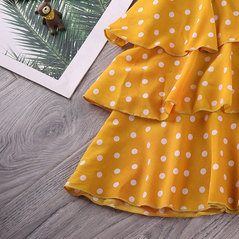 Girls Yellow & Blue Polka Dot Printed Dress With Shirt