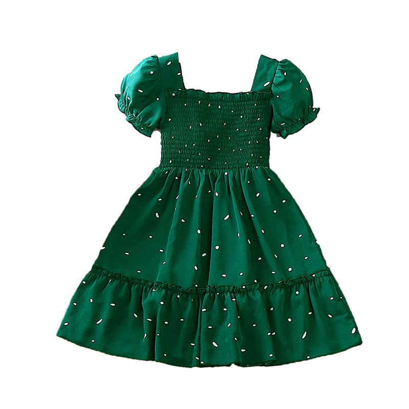 Girls Green Abstract Printed Smocked Fit & Flare Midi Dress
