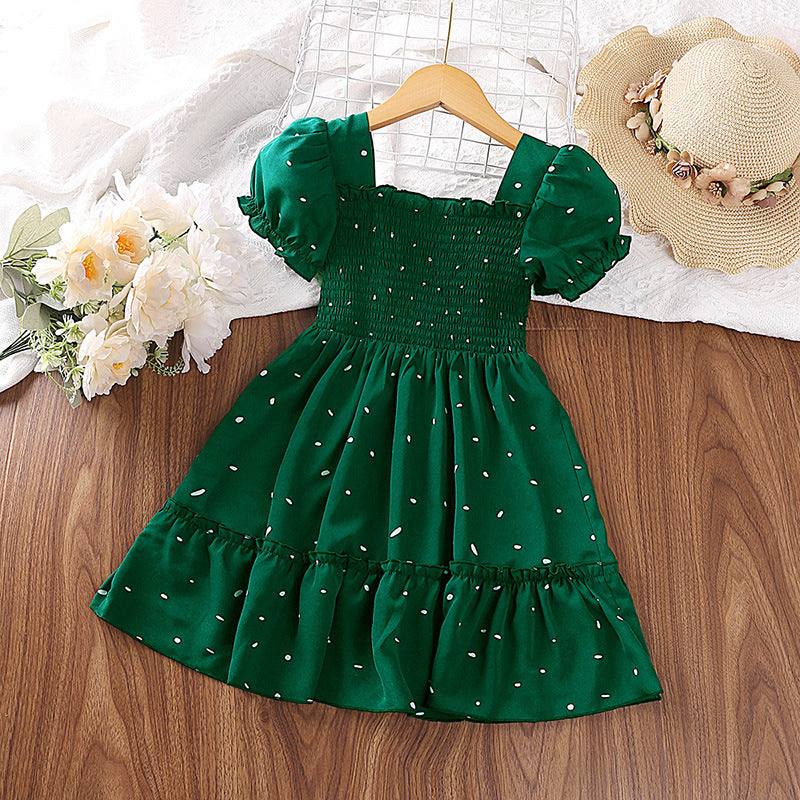 Girls Green Abstract Printed Smocked Fit & Flare Midi Dress