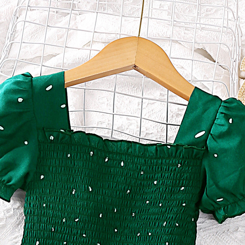 Girls Green Abstract Printed Smocked Fit & Flare Midi Dress