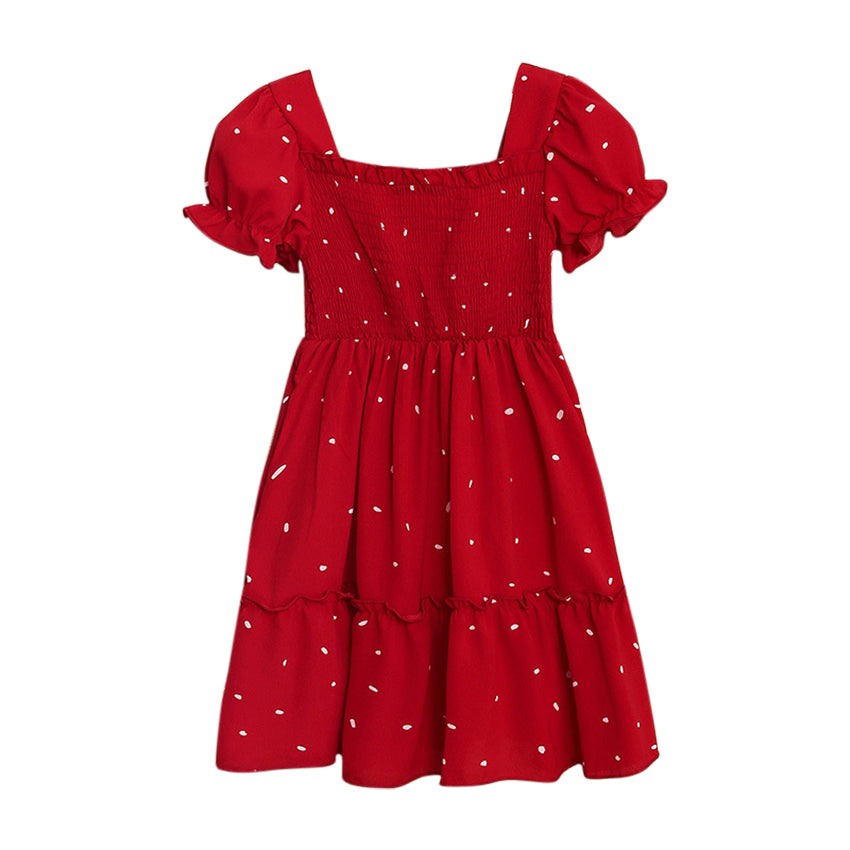 Red Girls Polka Dot Printed Square Neck Puff Sleeves Tiered A-Line Midi Dress