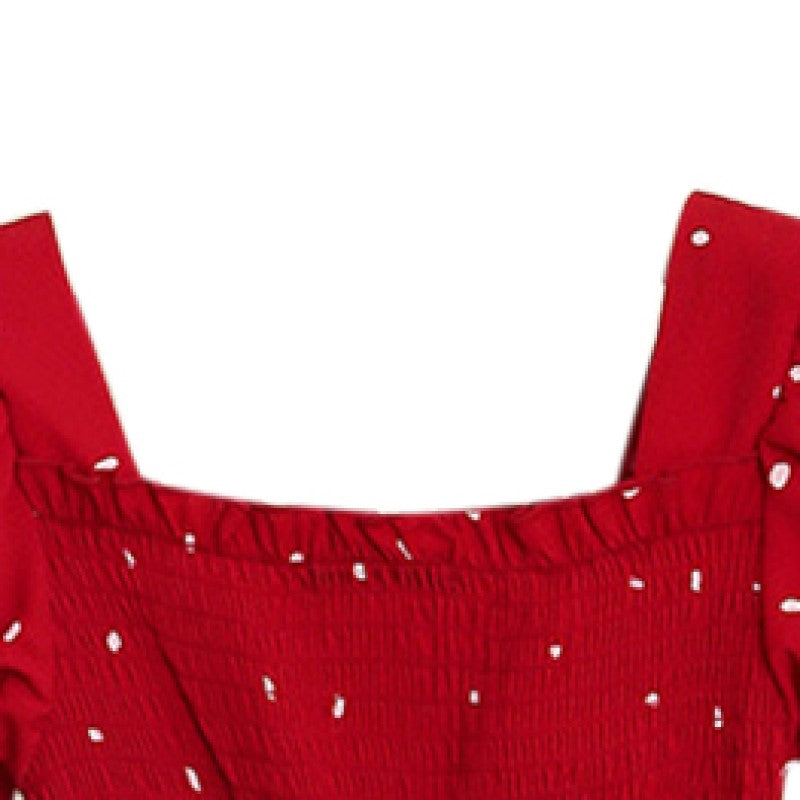 Red Girls Polka Dot Printed Square Neck Puff Sleeves Tiered A-Line Midi Dress