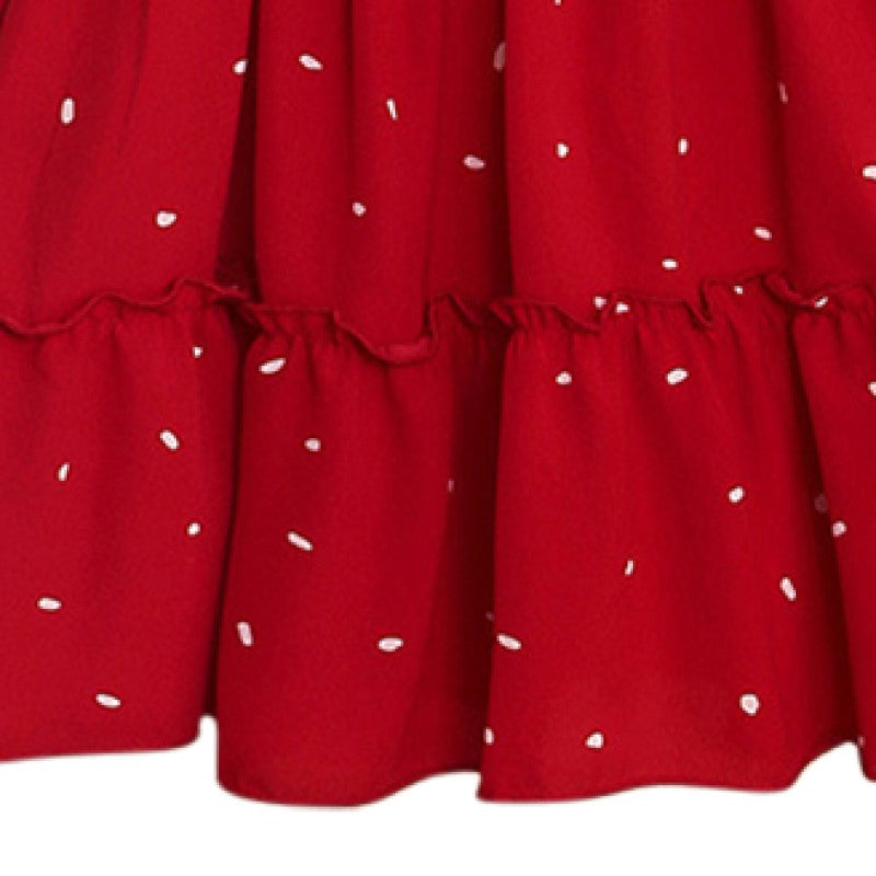 Red Girls Polka Dot Printed Square Neck Puff Sleeves Tiered A-Line Midi Dress